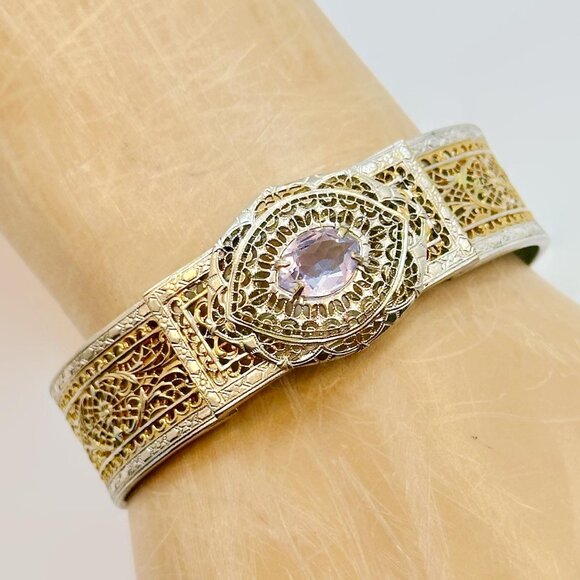 Art Nouveau Bracelet, Filagree, Art Deco, Gold, Silver, Two Tone, Blue, Ornate - Picture 1 of 8